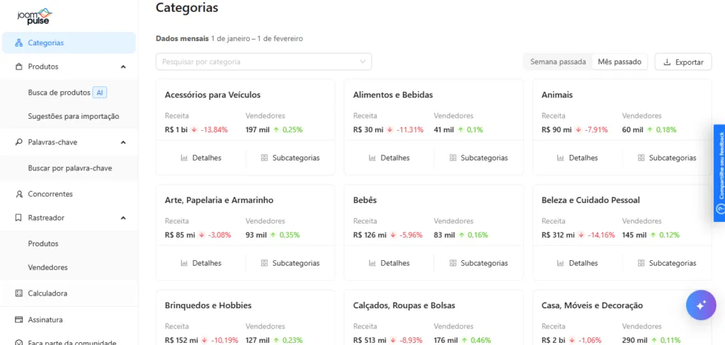 Print da página de categorias da Joom Pulse - Categorias para vender no Mercado Livre