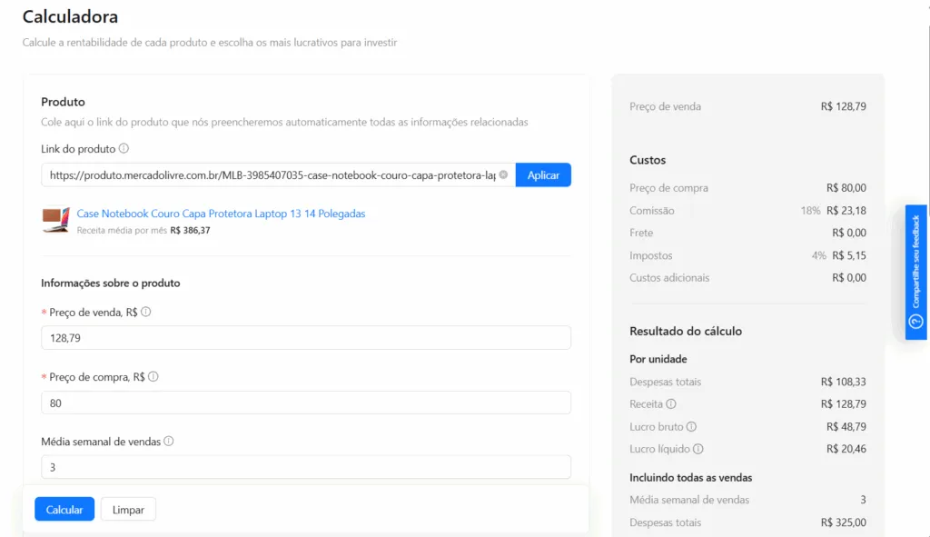 Print calculadora de margem da Joom Pulse