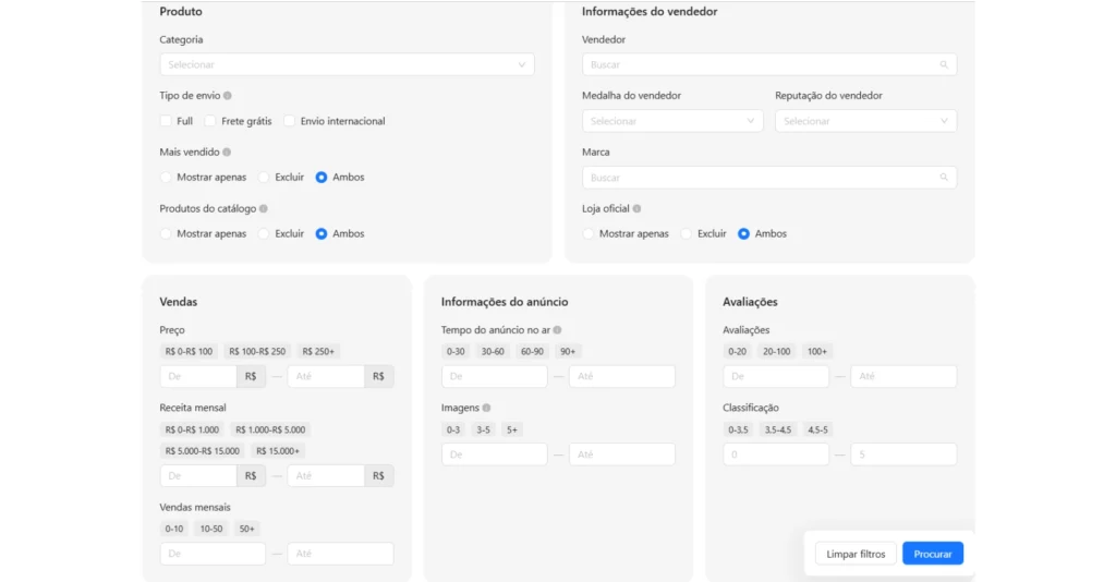 Print de tela mostrando os filtros da busca avançada JoomPulse