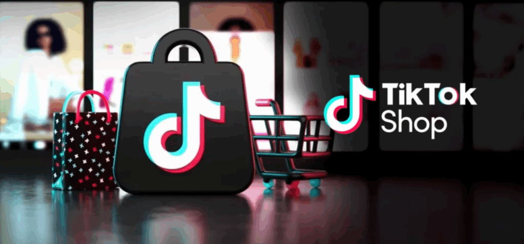 Arte com o desenho de uma bolsa e um carrinho de compras com o símbolo do tiktok e imagens de vídeos da rede ao fundo