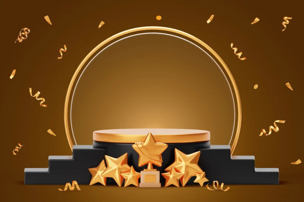 Imagem de pódio com estrelasdouradas em fundo dourado