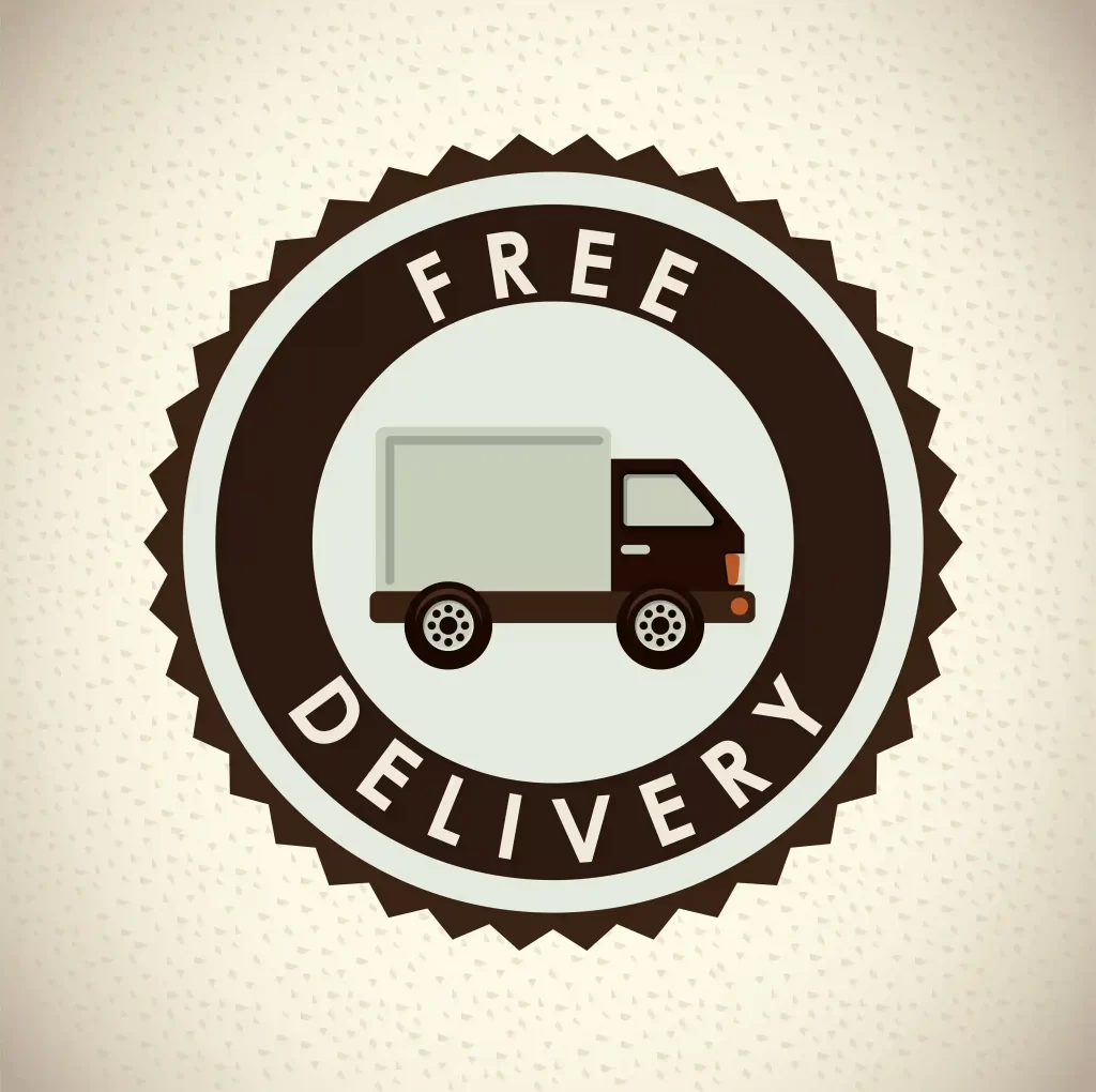 Logotipo redondo com um caminhão ao centro escrito Free Delivery com fundo bege