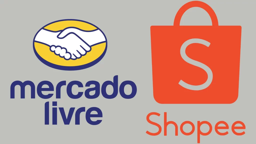Logo do Mercado Livre ao lado do logo da Shopee em fundo cinza