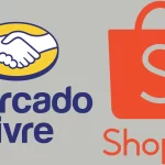 Logo do Mercado Livre ao lado do logo da Shopee em fundo cinza