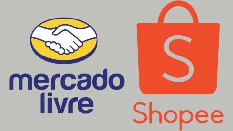 Logo do Mercado Livre ao lado do logo da Shopee em fundo cinza