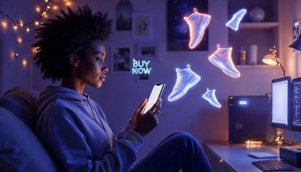 Mulher de lado usando o seu celular para analisar anúncios de e-commerce com imagens de sapatos em hologramas