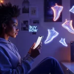 Mulher de lado usando o seu celular para analisar anúncios de e-commerce com imagens de sapatos em hologramas