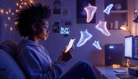 Mulher de lado usando o seu celular para analisar anúncios de e-commerce com imagens de sapatos em hologramas