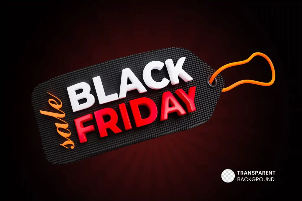 Tag escrita Black Friday presa em fita laranja em fundo preto