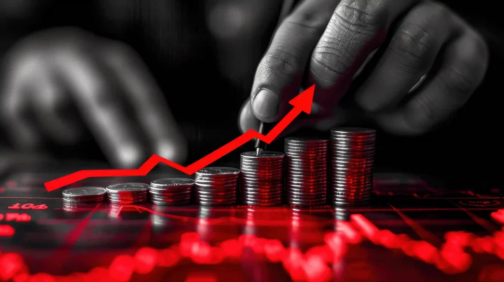 Mãos de homem mexendo em pilhas de moedas com um gráfico de aumento de lucro em vermelho