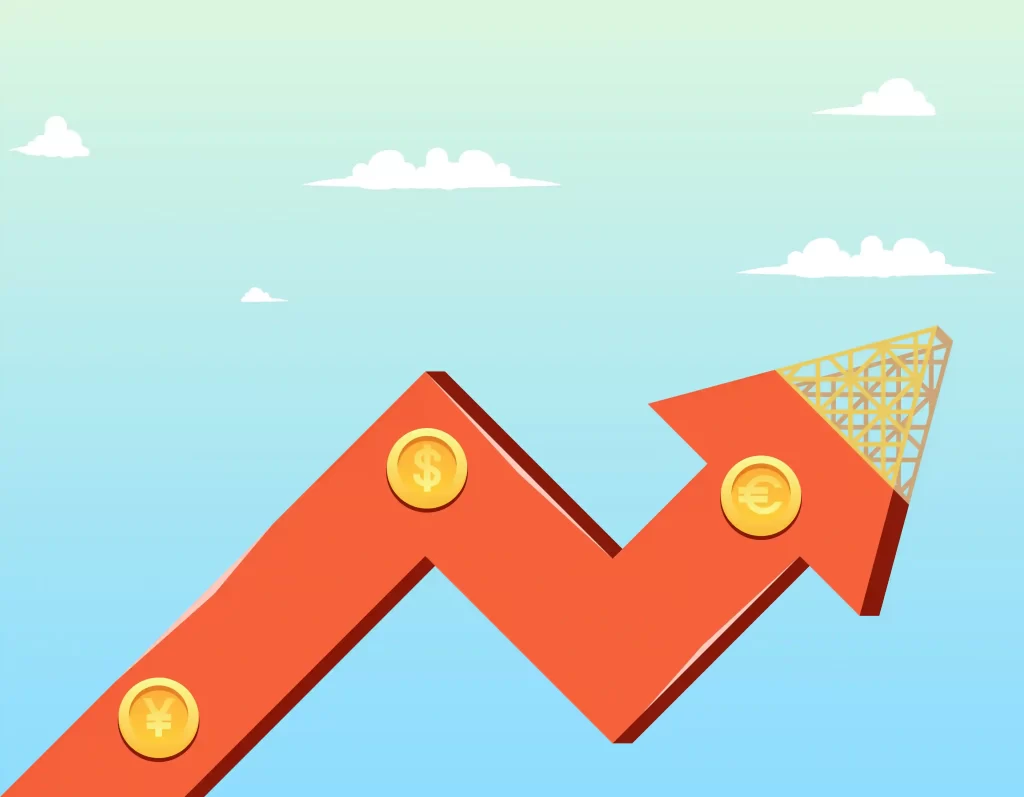 Seta vermelha com moedas em seu interior apontando para cima com céu azul no fundo