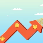 Seta vermelha com moedas em seu interior apontando para cima com céu azul no fundo