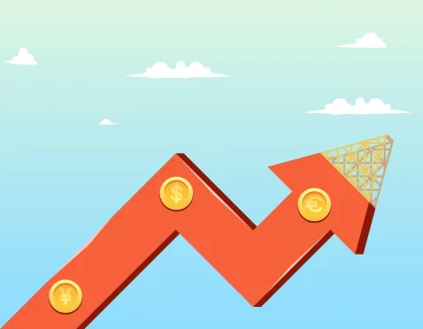 Seta vermelha com moedas em seu interior apontando para cima com céu azul no fundo