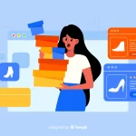 Desenho de mulher segurando várias caixas coloridas com dados de vendas de produtos dos lados