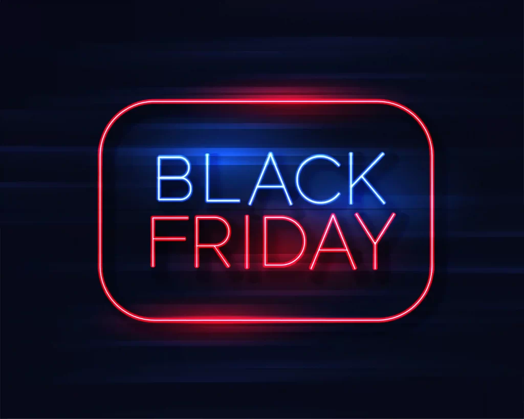 Letreiro de led da Black Friday azul e vermelho em fundo preto