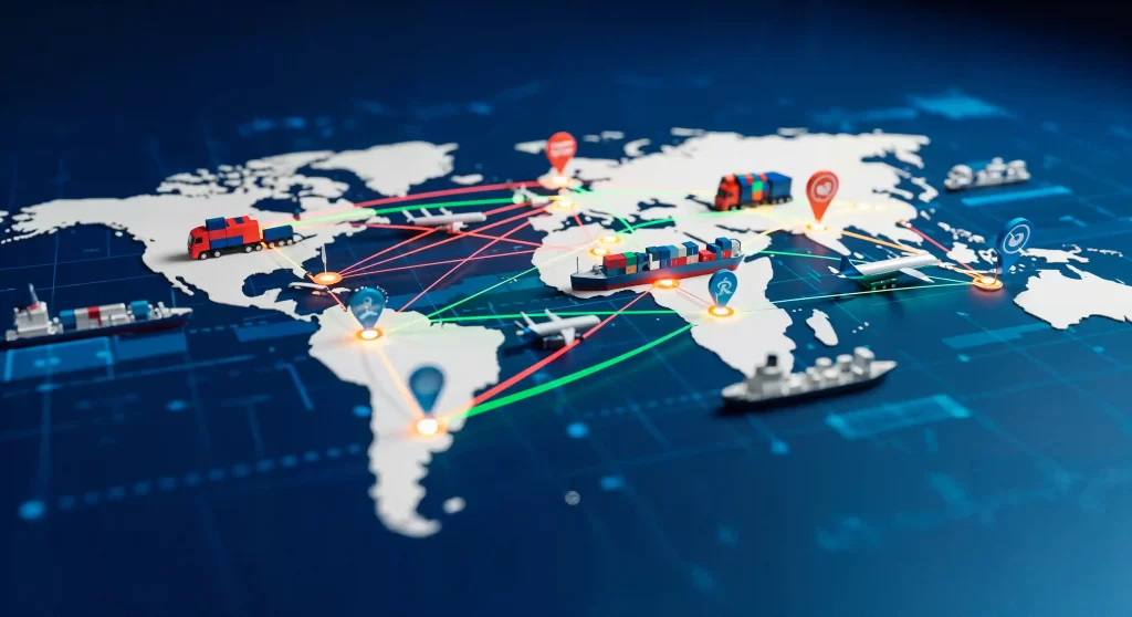 Mapa mundi com diversas marcações em vários países e no mar simboliazndo o comércio global
