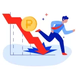 Ilustração de um gráfico de queda com um homem correndo logo a sua frente