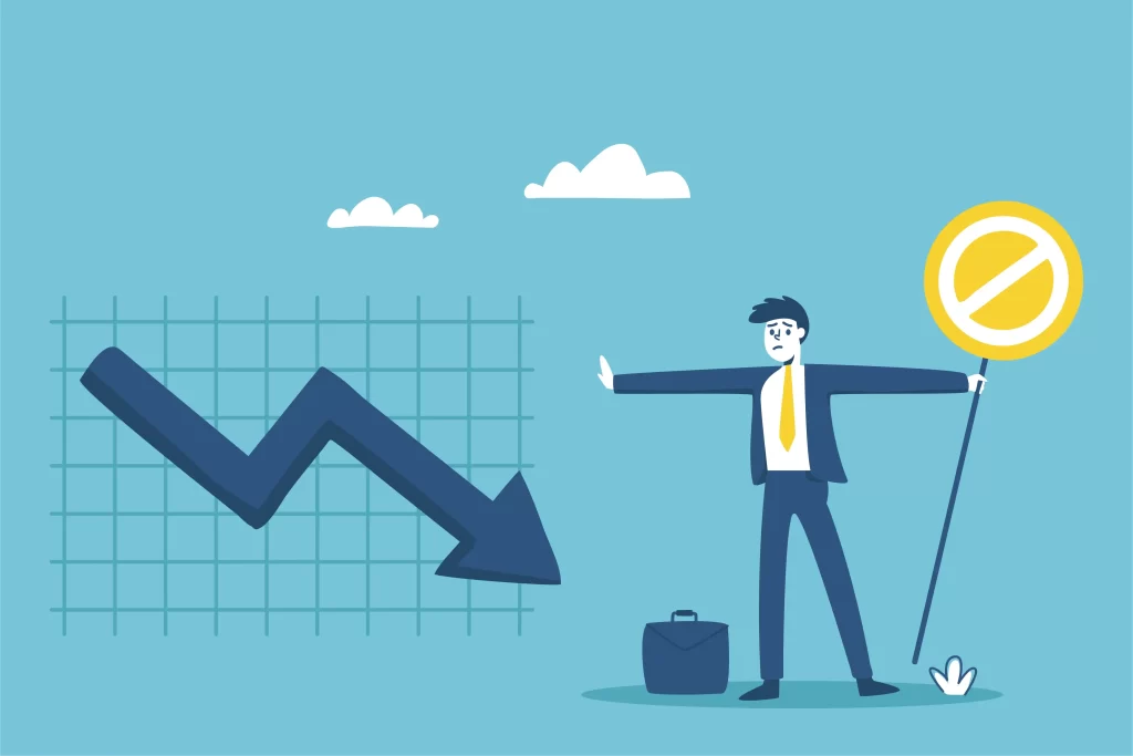 Ilustração de um gráfico de queda a esquerda com um homem a direita segurando uma placa de sinalização de parar