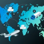 Mapa mundi com caixas, avião e caminhão em diferentes países representando rotas de comércio eletrônico