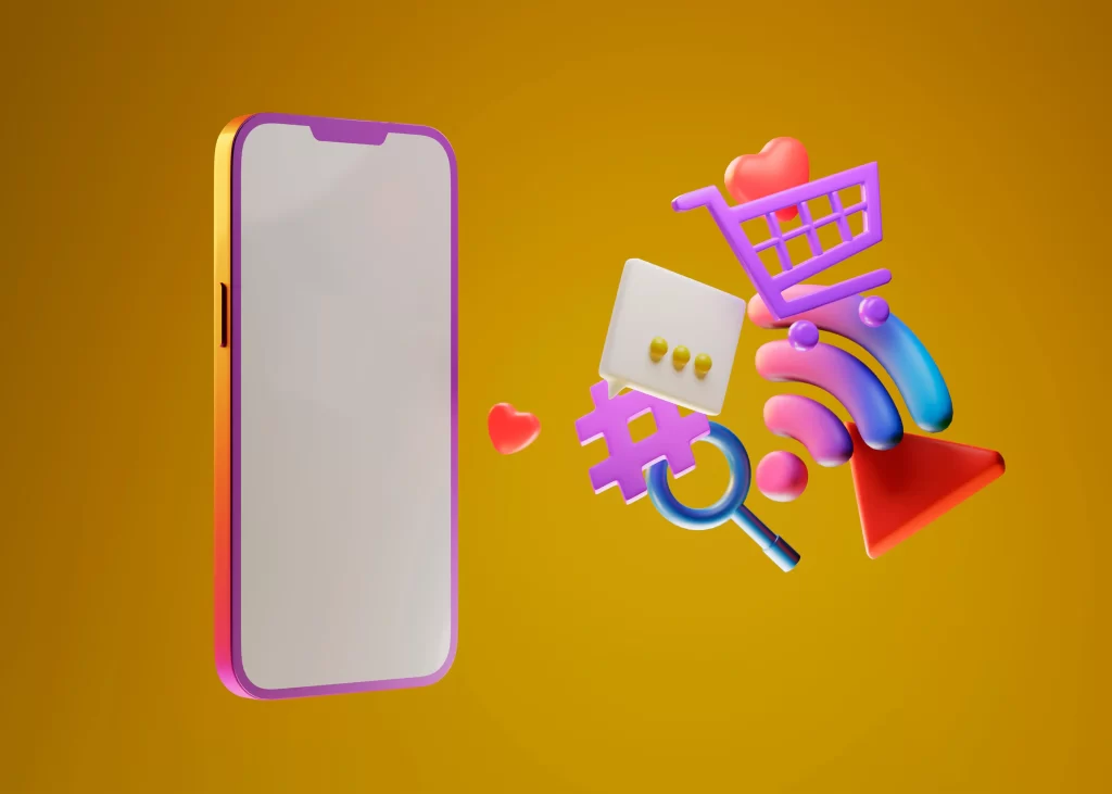 Celular ao lado de vários ícones como uma hashtag, um sinal de wi-fi, um carrinho de compras e mais, em fundo amarelo