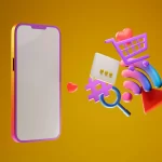 Celular ao lado de vários ícones como uma hashtag, um sinal de wi-fi, um carrinho de compras e mais, em fundo amarelo