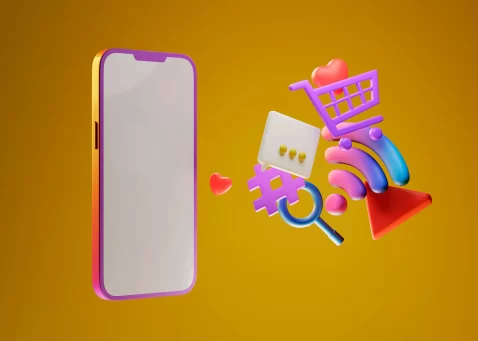 Celular ao lado de vários ícones como uma hashtag, um sinal de wi-fi, um carrinho de compras e mais, em fundo amarelo