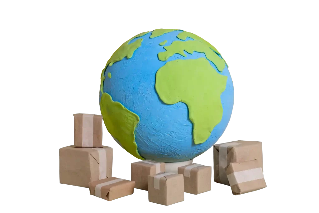 Mapa mundi logo acima de várias caixas de entrega em fundo branco