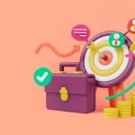 Alvo colorido com um dardo no seu centro ao lado de uma maleta de negócios, moedas e outras tags em fundo laranja