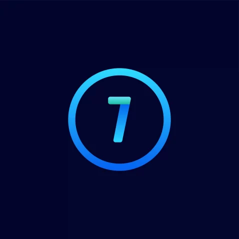 Número 7 em azul dentro de um círculo da mesma cor em fundo azul escuro