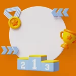 Pódio azul e amarelo com setas, troféu e medalha em volta, com fundo laranja com círculo branco no centro