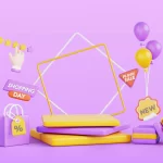 Sacola, bases quadradas coloridas embalagem de presente e mais artigos roxos e amarelos em fundo roxo