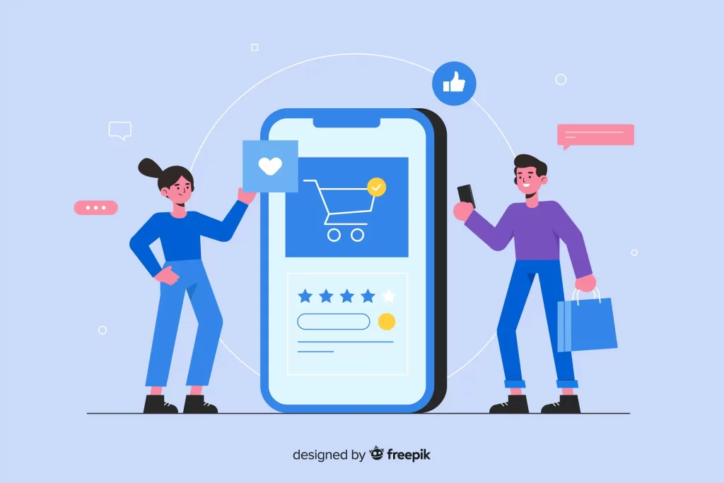 Ilustração de uma mulher e um homem em volta de um celular grande com uma imagem de produto sendo vendido na tela