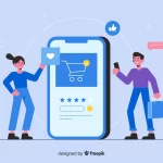 Ilustração de uma mulher e um homem em volta de um celular grande com uma imagem de produto sendo vendido na tela