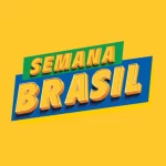 Logo da Semana do Brasil em verde amarelo e azul em fundo amarelo