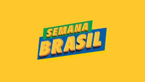 Logo da Semana do Brasil em verde amarelo e azul em fundo amarelo