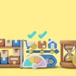 Ilustração 3D mostrando prateleira com caixas, carrinho de compras, ampulheta e ícones de logística.