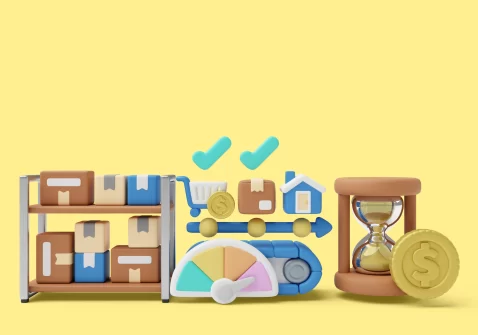 Ilustração 3D mostrando prateleira com caixas, carrinho de compras, ampulheta e ícones de logística.