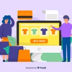 Ilustração de e-commerce mostrando opções de camisetas em várias cores, simbolizando arquitetura de variação