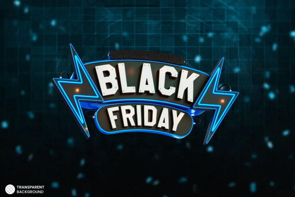 Letreiro em neon azul com os dizeres "Black Friday" em destaque sobre fundo tecnológico escuro