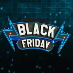 Letreiro em neon azul com os dizeres "Black Friday" em destaque sobre fundo tecnológico escuro