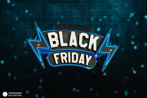 Letreiro em neon azul com os dizeres "Black Friday" em destaque sobre fundo tecnológico escuro