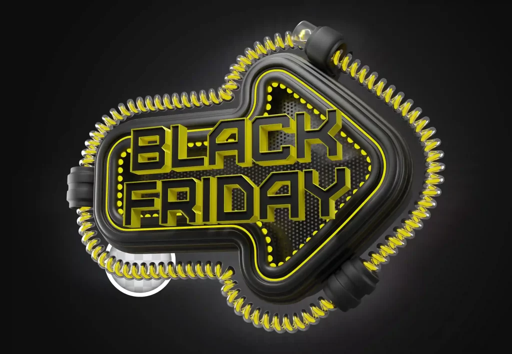Seta preta iluminada em amarelo com a frase Black Friday em destaque