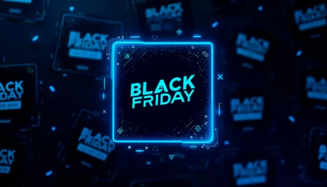 Black Friday escrito em azul ao centro em fundo preto