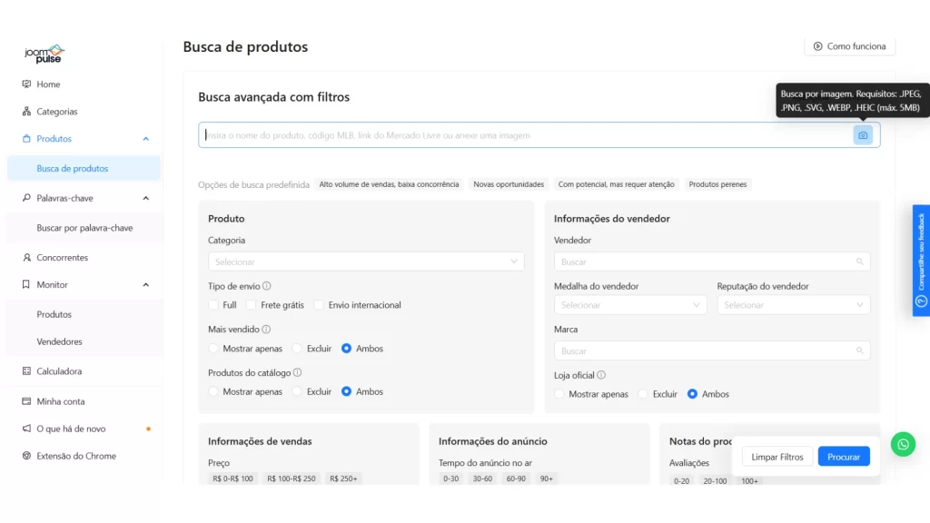 Print de tela do site da JoomPulse mostrando como usar a função Buscar por imagem