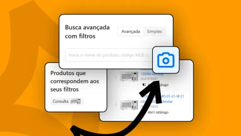 Arte de capa do artigo sobre o Buscar por Imagem com prints da ferramenta em fundo laranja