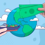 Ilustração do planeta Terra ao centro com uma mão de cada lado, uma segurando um navio e outra segurando dinheiro