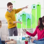 Equipe de negócios analisando gráficos de crescimento projetados em tela, representando o avanço das PMEs digitais