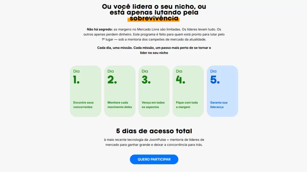 Etapas do Desafio Líder JoomPulse mostrando 5 provas práticas para vendedores do Mercado Livre