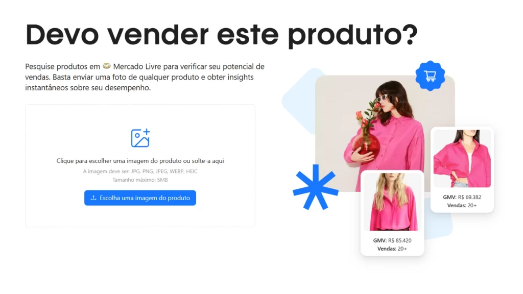 Página da JoomPulse com título Devo vender este produto e opção de enviar foto de item para análise de vendas.