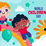 Ilustração de crianças brincando em um arco-íris com balões e sol sorridente para o Dia das Crianças